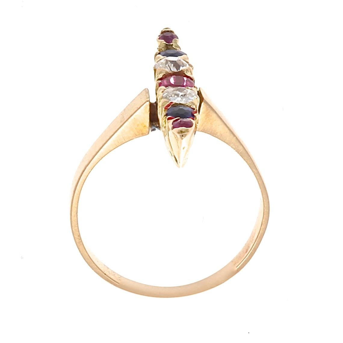 Victorian Sapphire Diamond Ruby Gold Navette Ring In Excellent Condition In Beverly Hills, CA