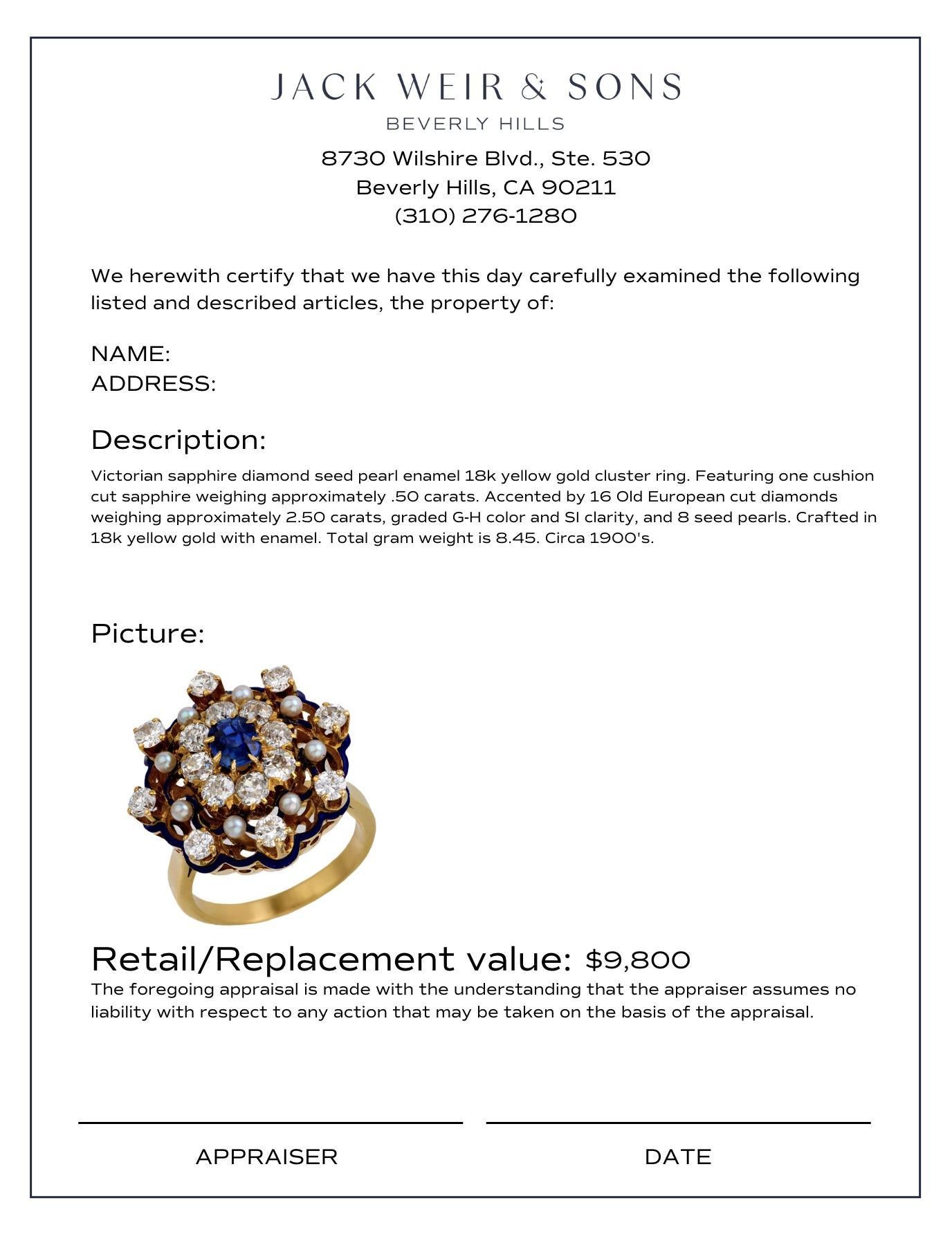 Women's Victorian sapphire diamond seed pearl enamel 18k yellow gold cluster ring For Sale