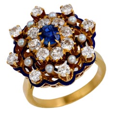 Victorian sapphire diamond seed pearl enamel 18k yellow gold cluster ring
