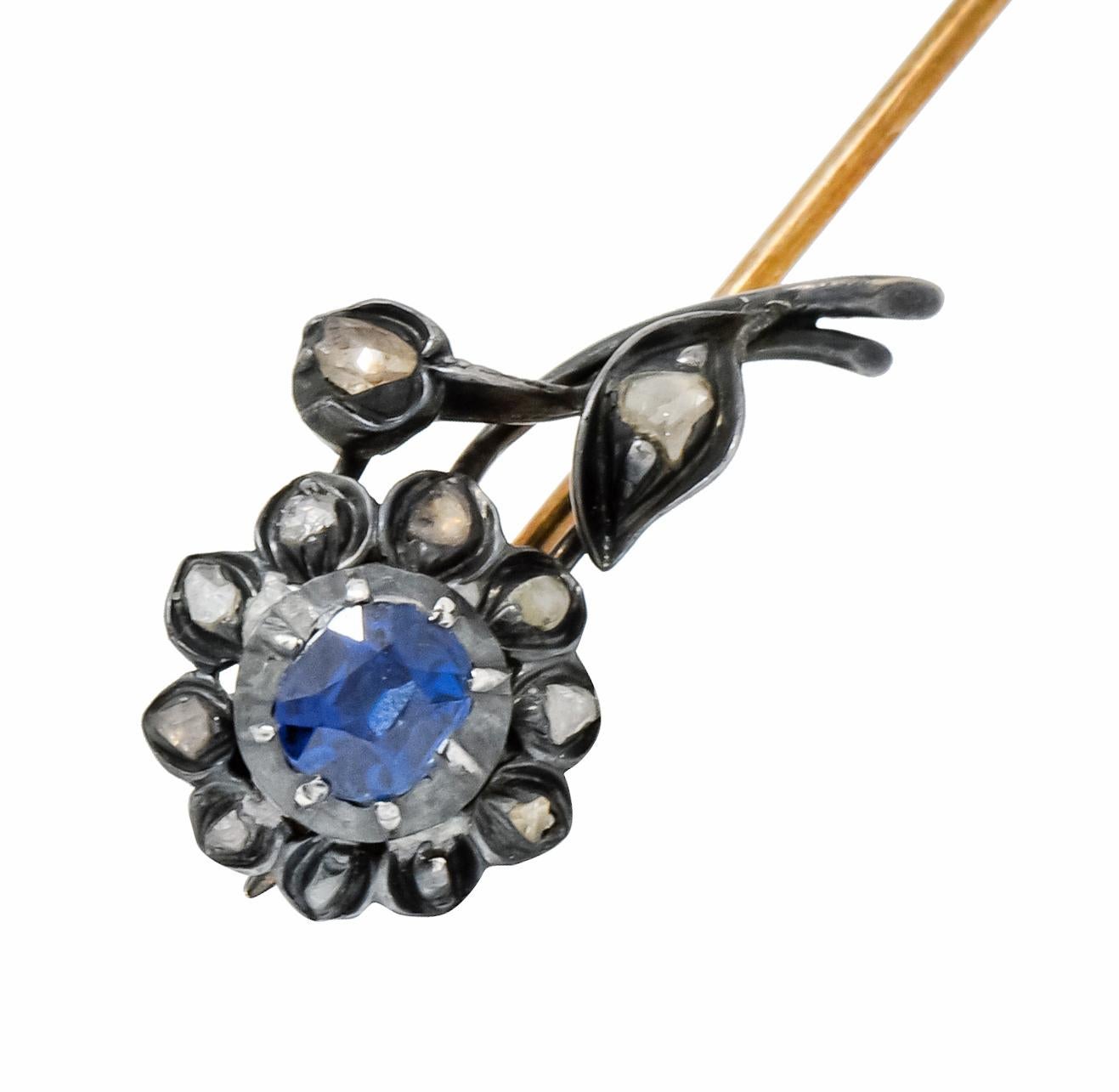 Art Nouveau Victorian Sapphire Diamond Silver-Topped 14 Karat Gold Flower Stickpin For Sale