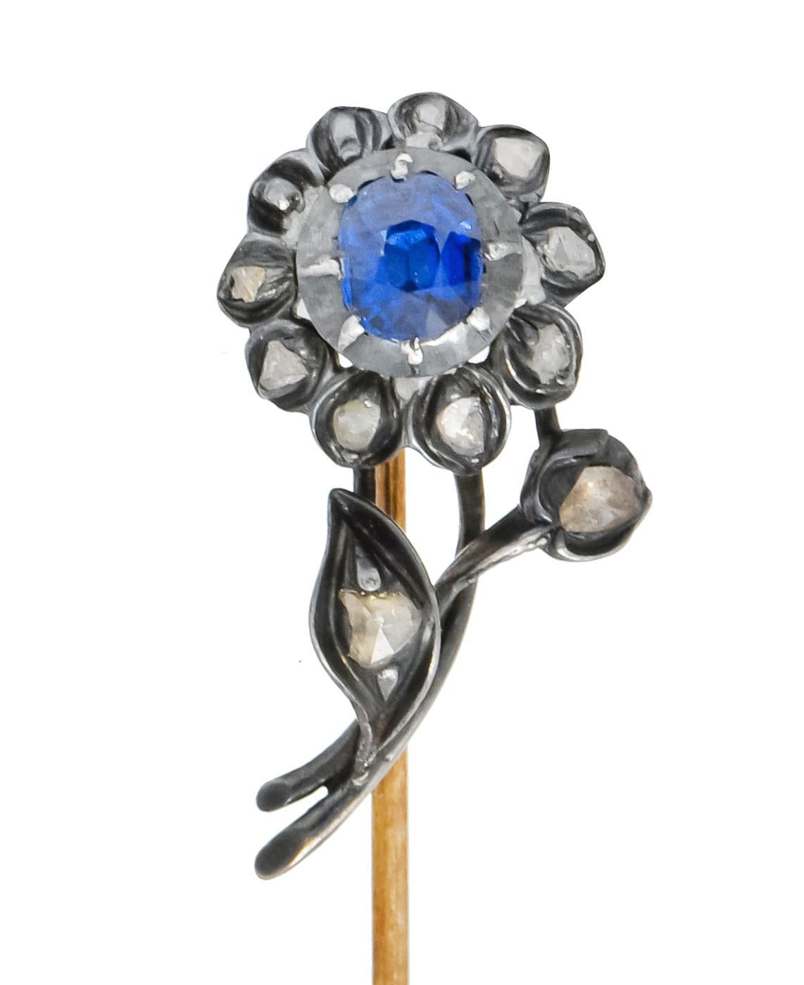Victorian Sapphire Diamond Silver-Topped 14 Karat Gold Flower Stickpin For Sale 1