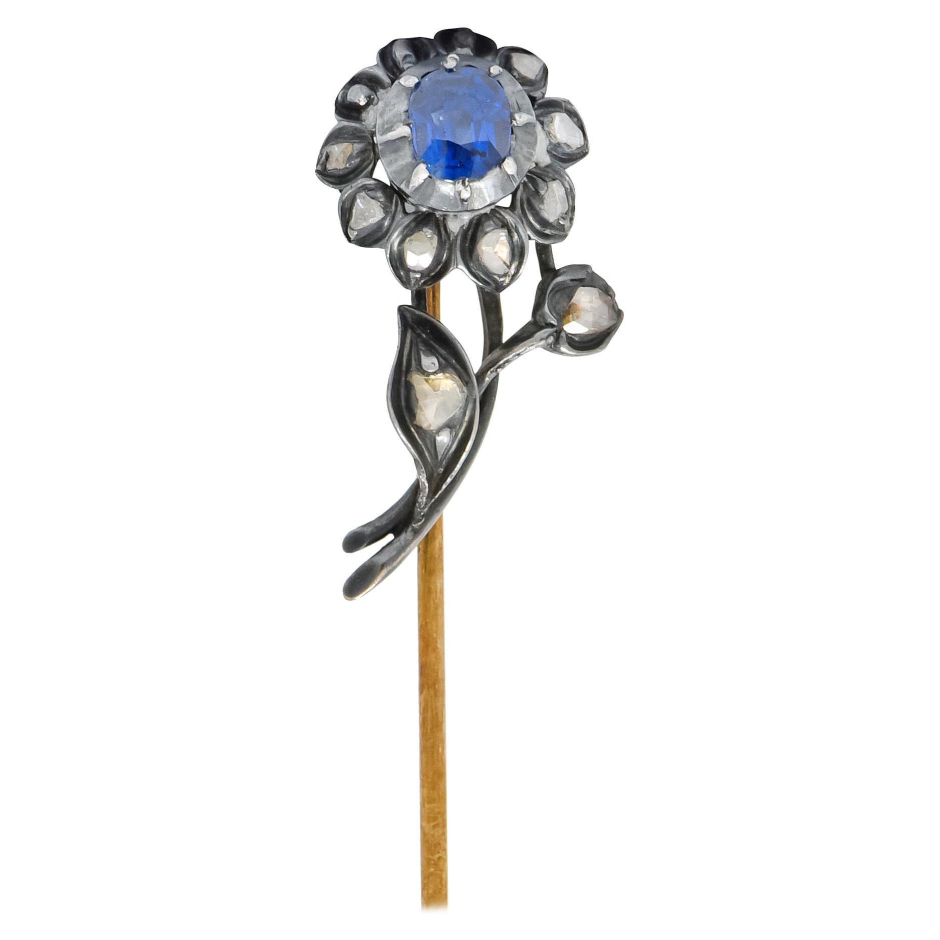 Victorian Sapphire Diamond Silver-Topped 14 Karat Gold Flower Stickpin