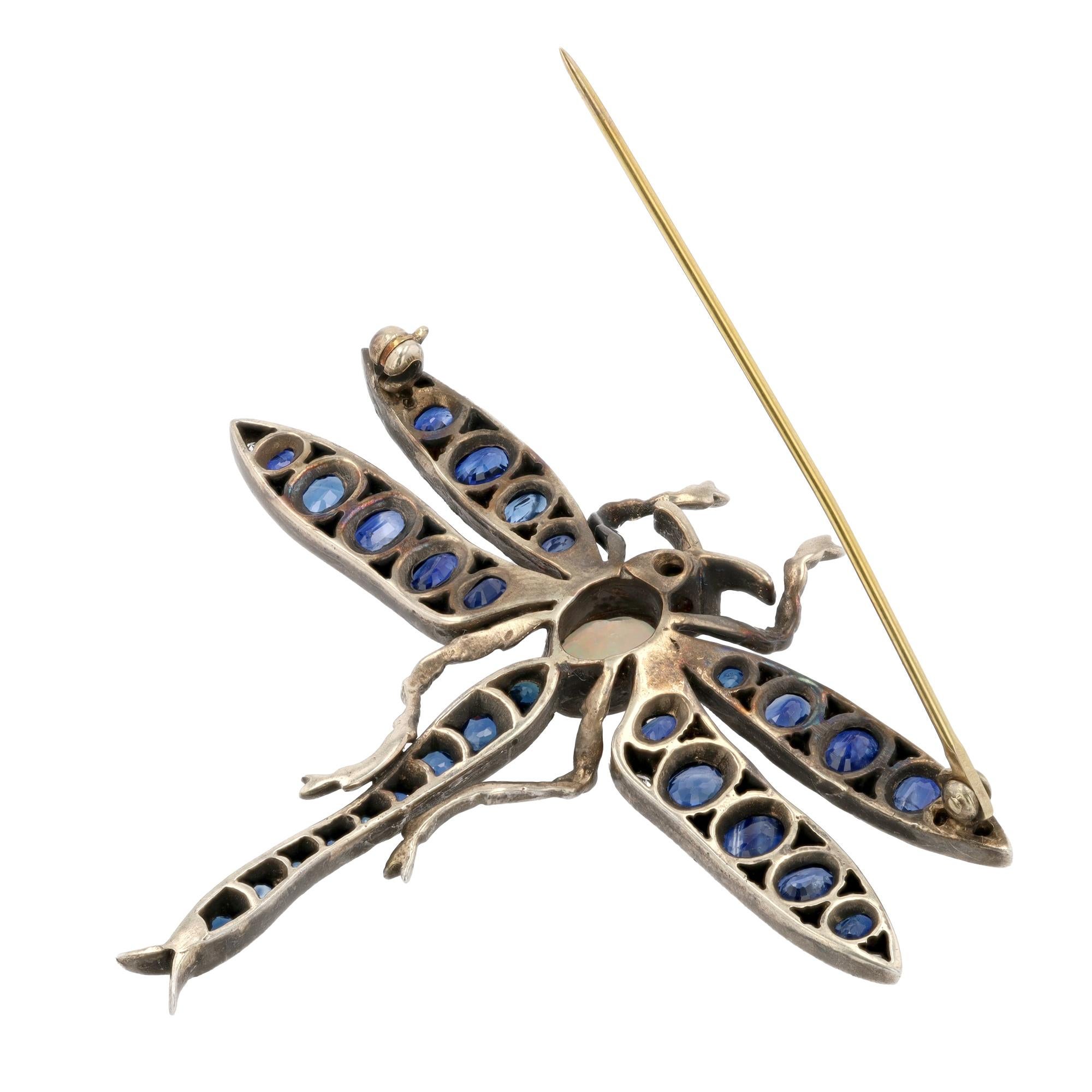 Oval Cut Victorian Sapphire Dragonfly 14k/Silver Brooch Pin For Sale