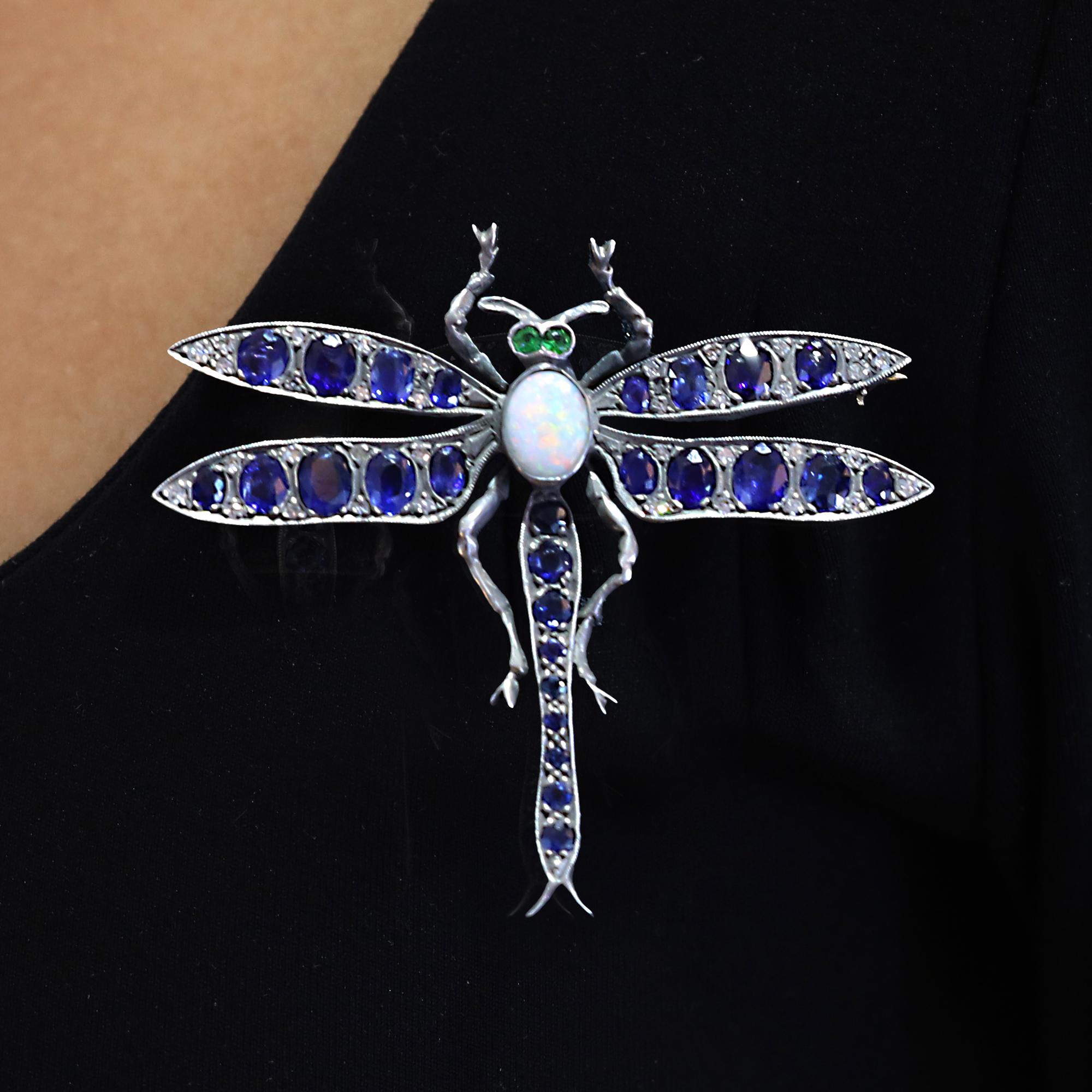 Victorian Sapphire Dragonfly 14k/Silver Brooch Pin In Good Condition For Sale In Santa Barbara, CA