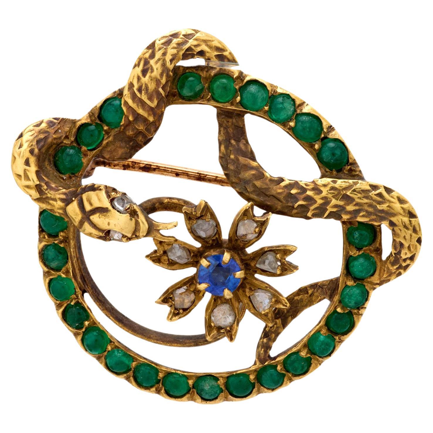 Victorian sapphire emerald diamond 18k yellow gold snake flower brooch