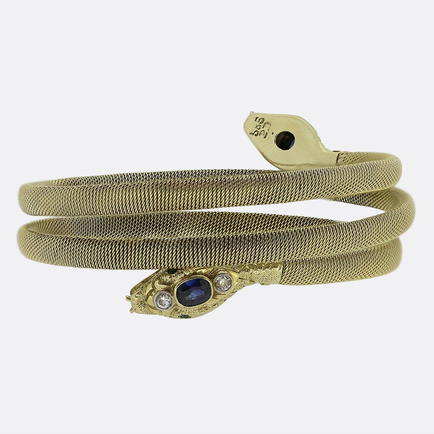 Old Mine Cut Victorian Sapphire Emerald Diamond Double Headed Snake Bracelet For Sale