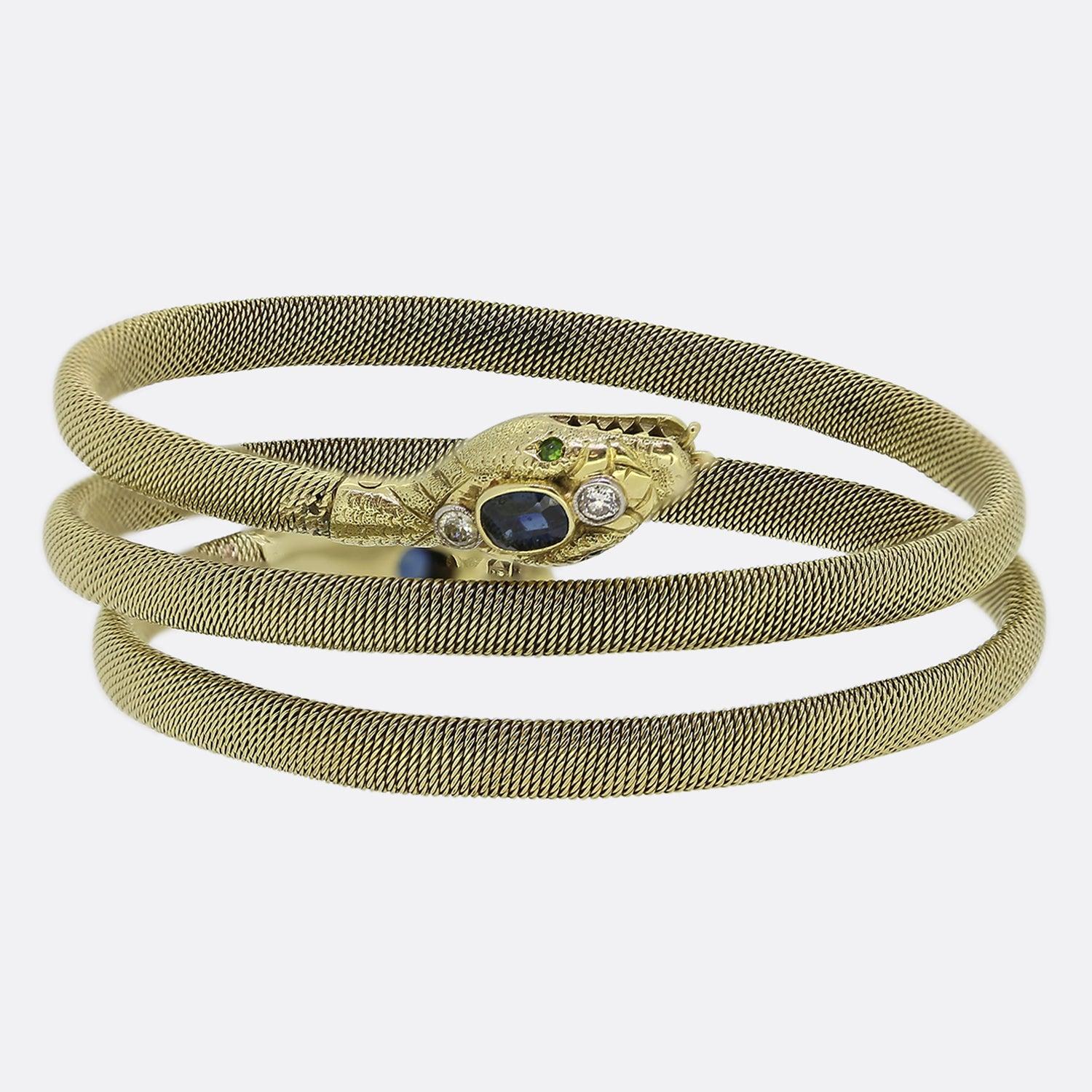 Victorian Sapphire Emerald Diamond Double Headed Snake Bracelet In Good Condition For Sale In London, GB
