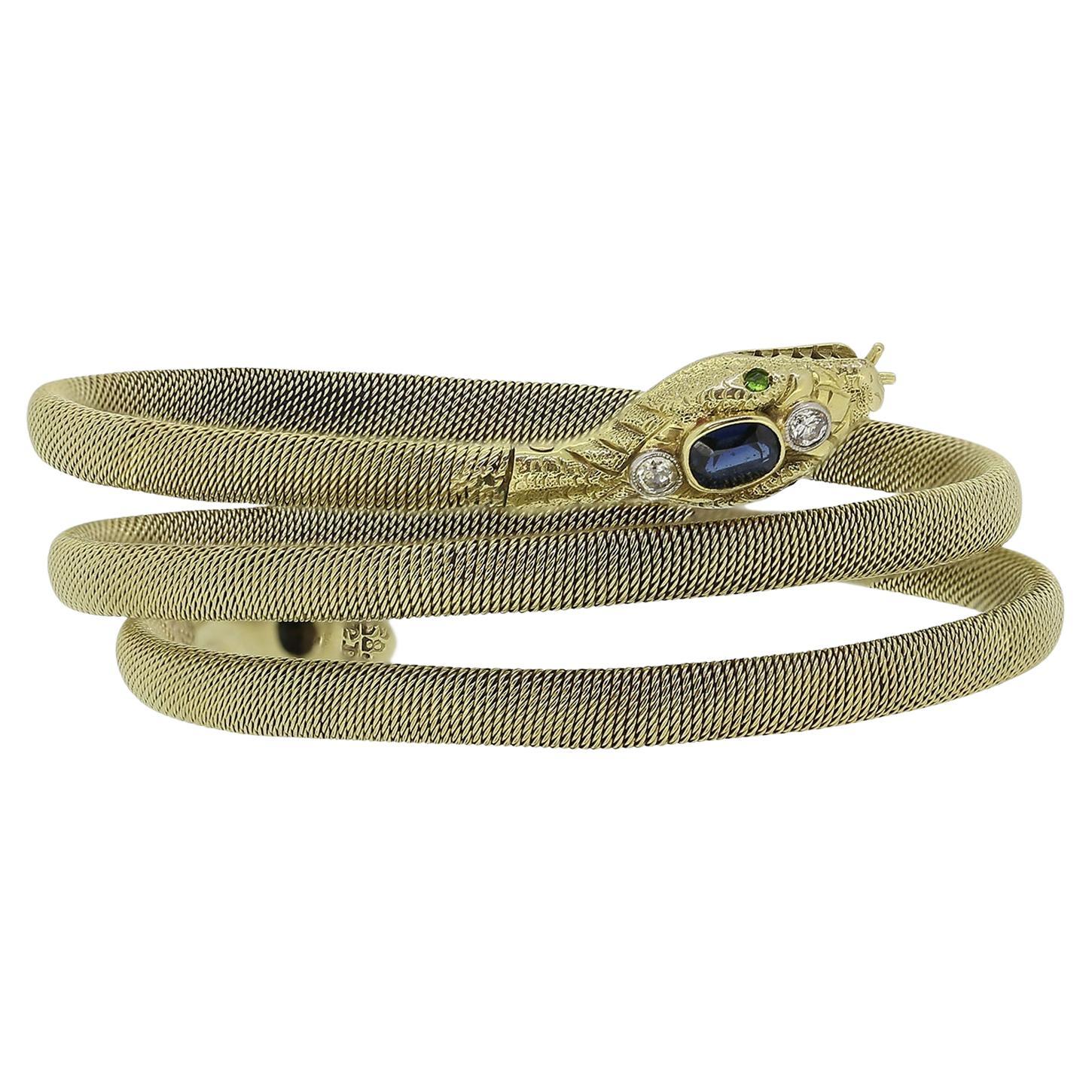 Doppelkopf-Schlangenarmband aus viktorianischem Saphir, Smaragd und Diamant
