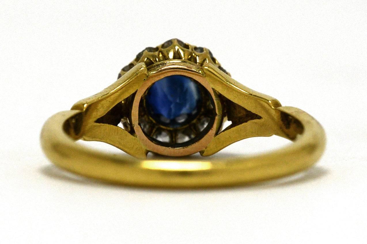 Round Cut Victorian Sapphire Engagement Ring 1890 Antique Diamond Halo Cluster Yellow Gold