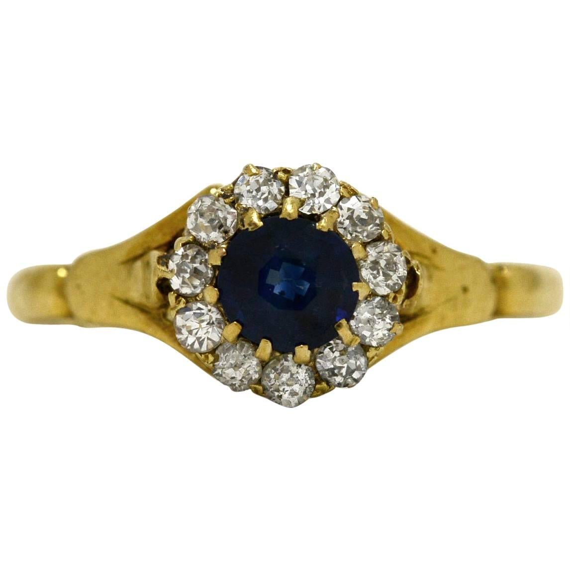 Victorian Sapphire Engagement Ring 1890 Antique Diamond Halo Cluster Yellow Gold
