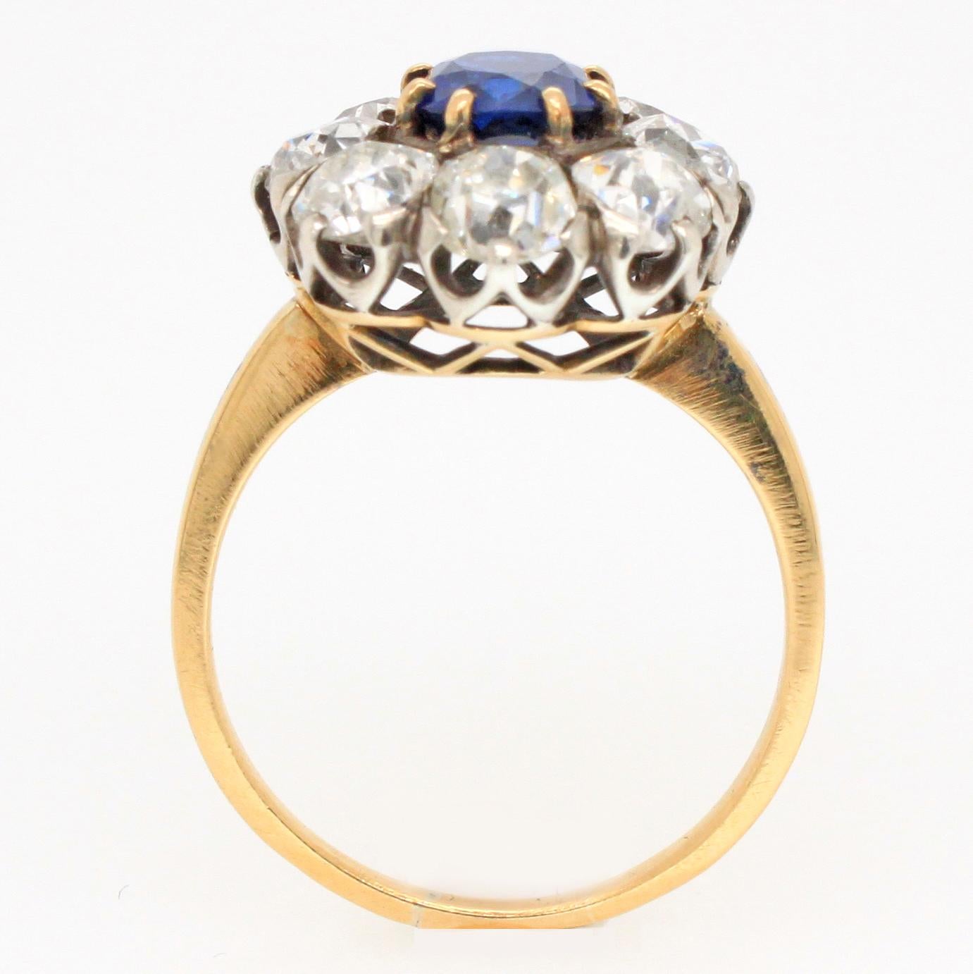 Antique Cushion Cut Victorian Sapphire 'No Heat' and Diamond Cluster Ring, 1880s
