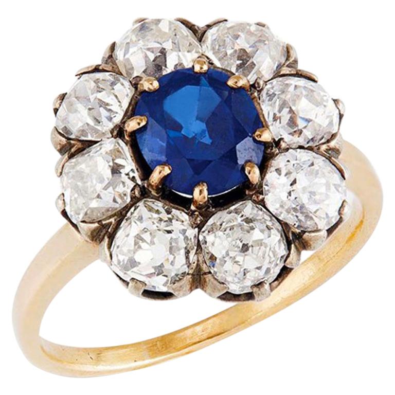 Bague Vintage Saphir Et Diamant - Forme Fleur En Grappe - Or - Taille M 1/2 - Occasion