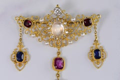 Victorian Sapphire Old European Cut Diamond Carved Moon Moonstone Brooch Pin