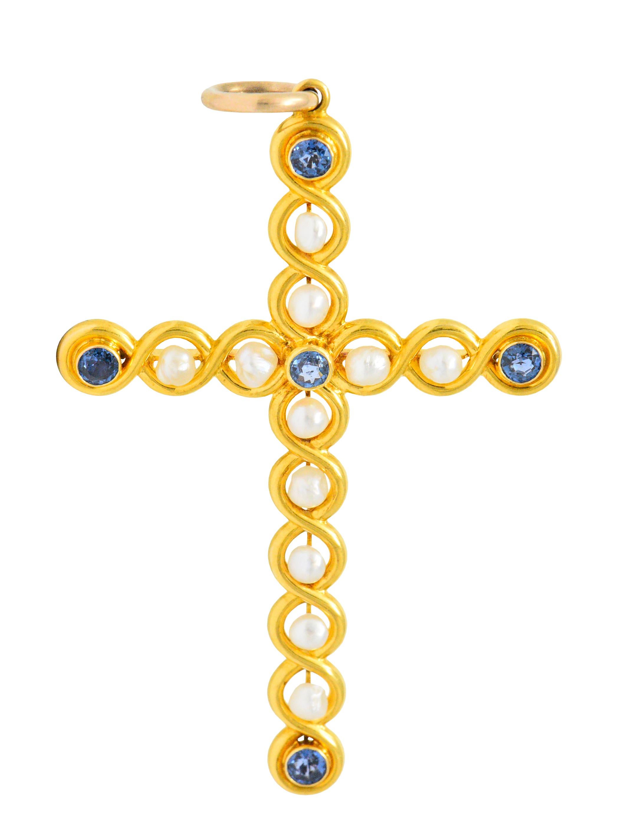 Round Cut Victorian 1.00 Carat Sapphire Pearl 14 Karat Gold Cross Pendant