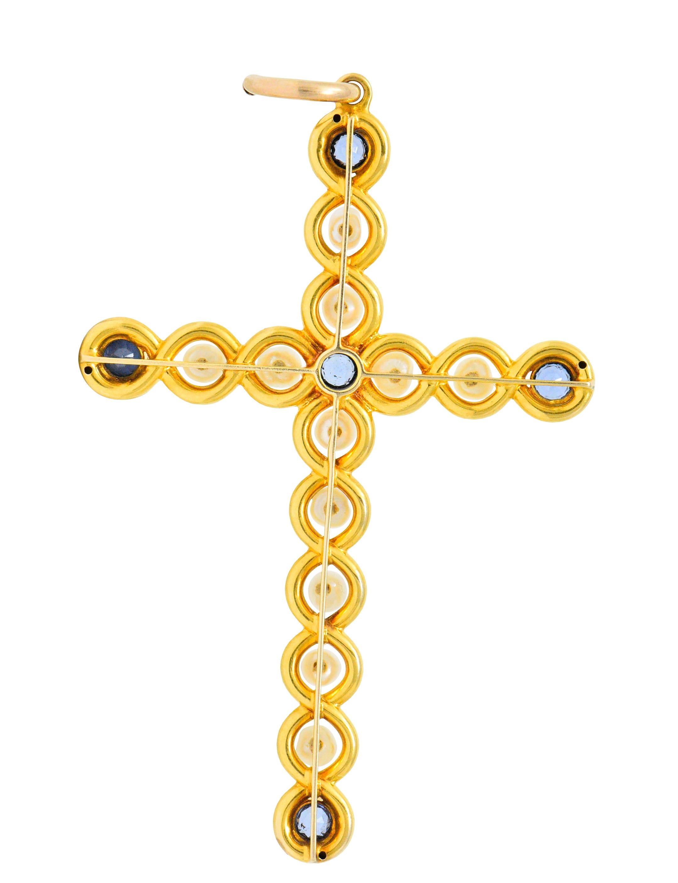 Victorian 1.00 Carat Sapphire Pearl 14 Karat Gold Cross Pendant In Excellent Condition In Philadelphia, PA