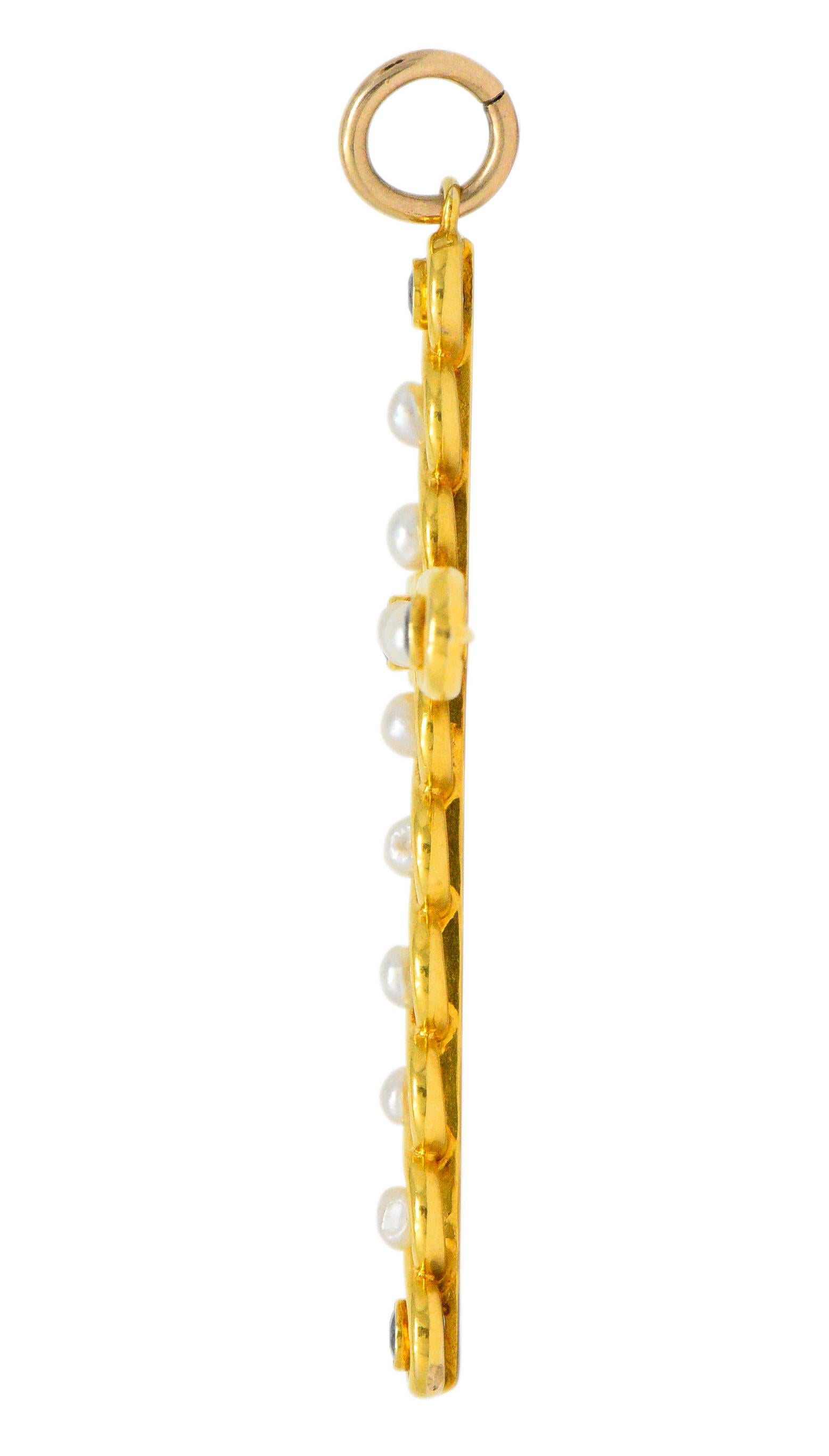 Victorian 1.00 Carat Sapphire Pearl 14 Karat Gold Cross Pendant 1