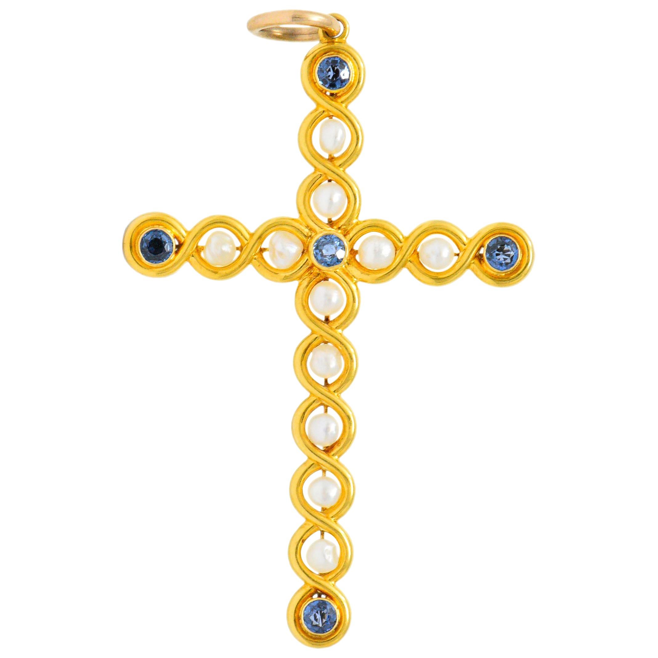 Victorian 1.00 Carat Sapphire Pearl 14 Karat Gold Cross Pendant