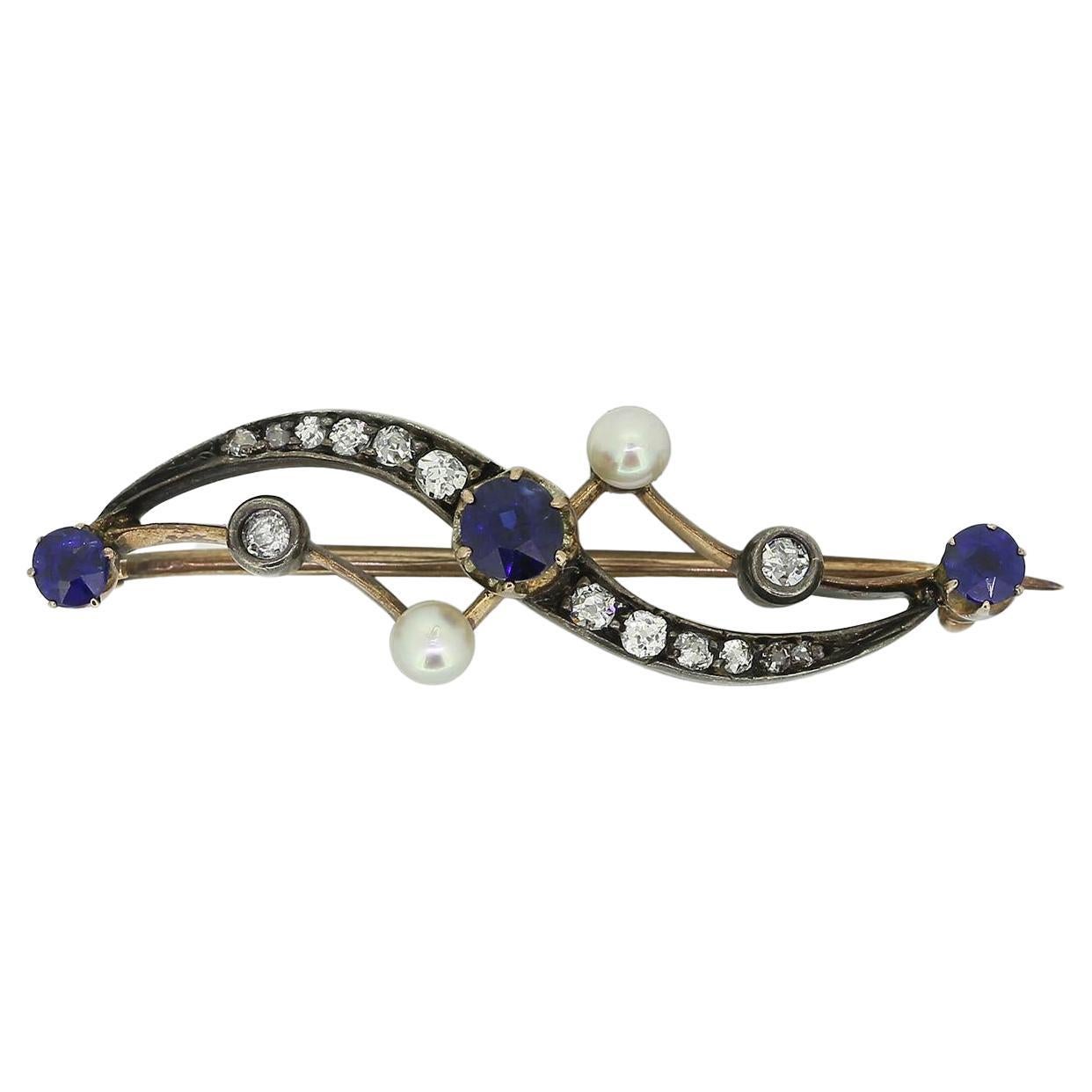 Victorian Sapphire Pearl and Diamond Brooch For Sale