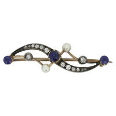 Antique Victorian Sapphire Pearl and Diamond Brooch