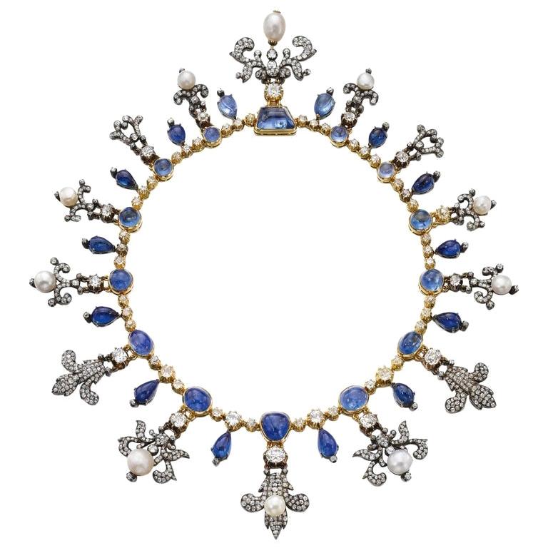 Victorian Sapphire, Pearl and Diamond Fleur de Lys Necklace