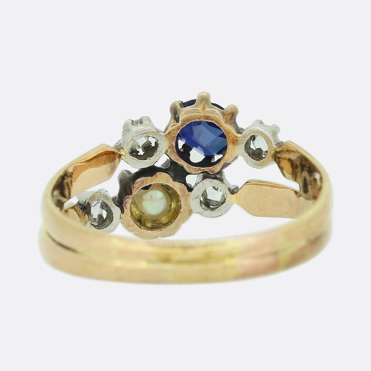 Round Cut Victorian Sapphire, Pearl and Diamond Ring For Sale