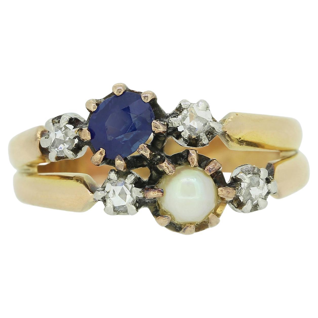 Viktorianischer Ring mit Saphiren, Perlen und Diamanten