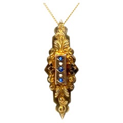 Victorian Sapphire Pearl Pendant Antique Original from 1907 9K Yellow Gold