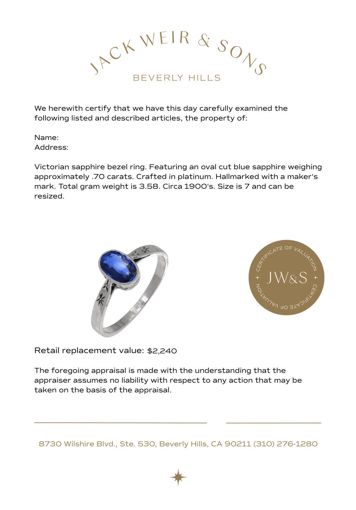 Victorian sapphire platinum bezel ring For Sale 1
