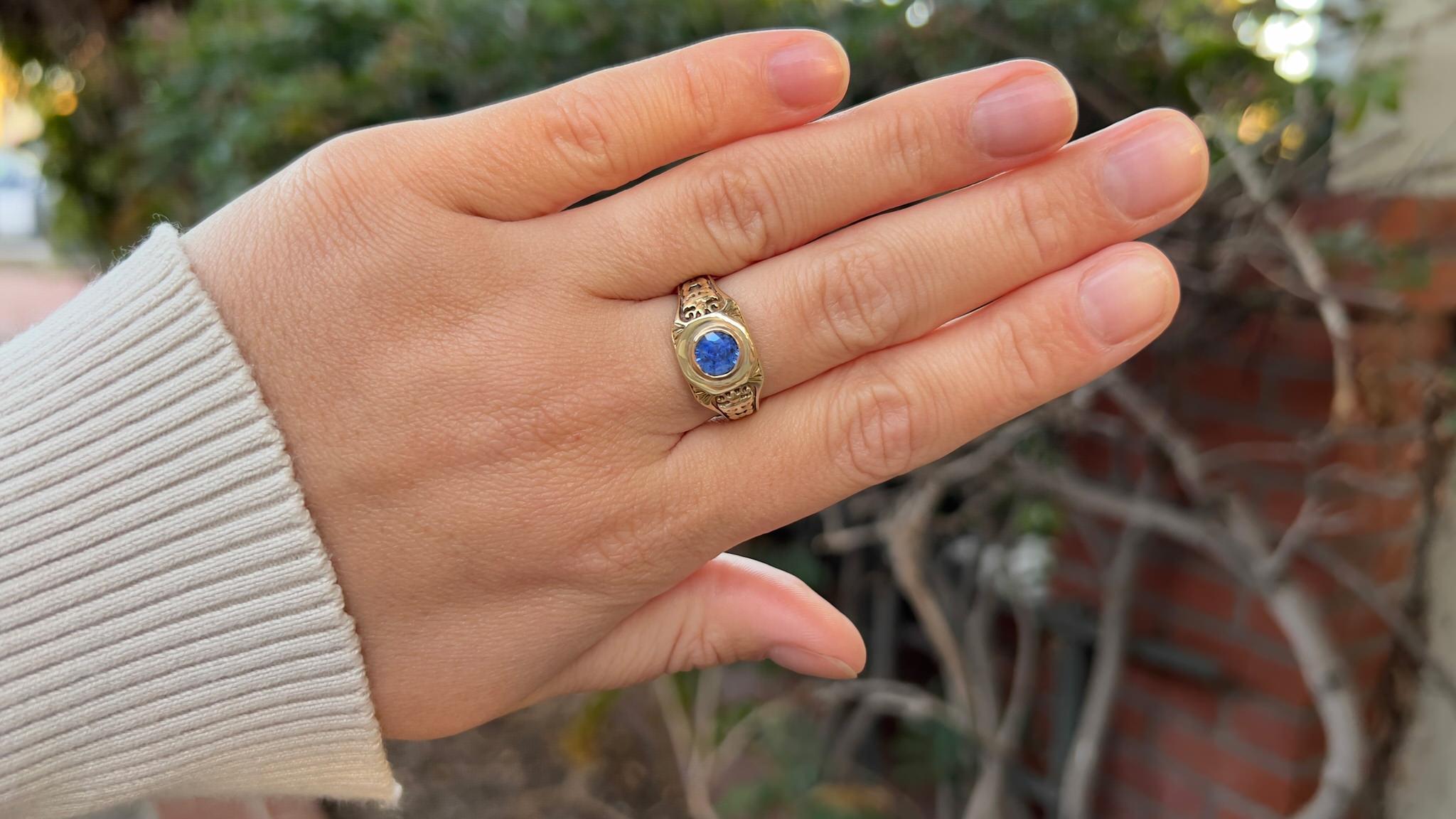 Victorian Sapphire = 0.90 Carat
(Cut: Round, Color: Blue, Origin: Natural)
Metal = 14K Yellow Gold
Circa 1910
Ring Size = 7.25