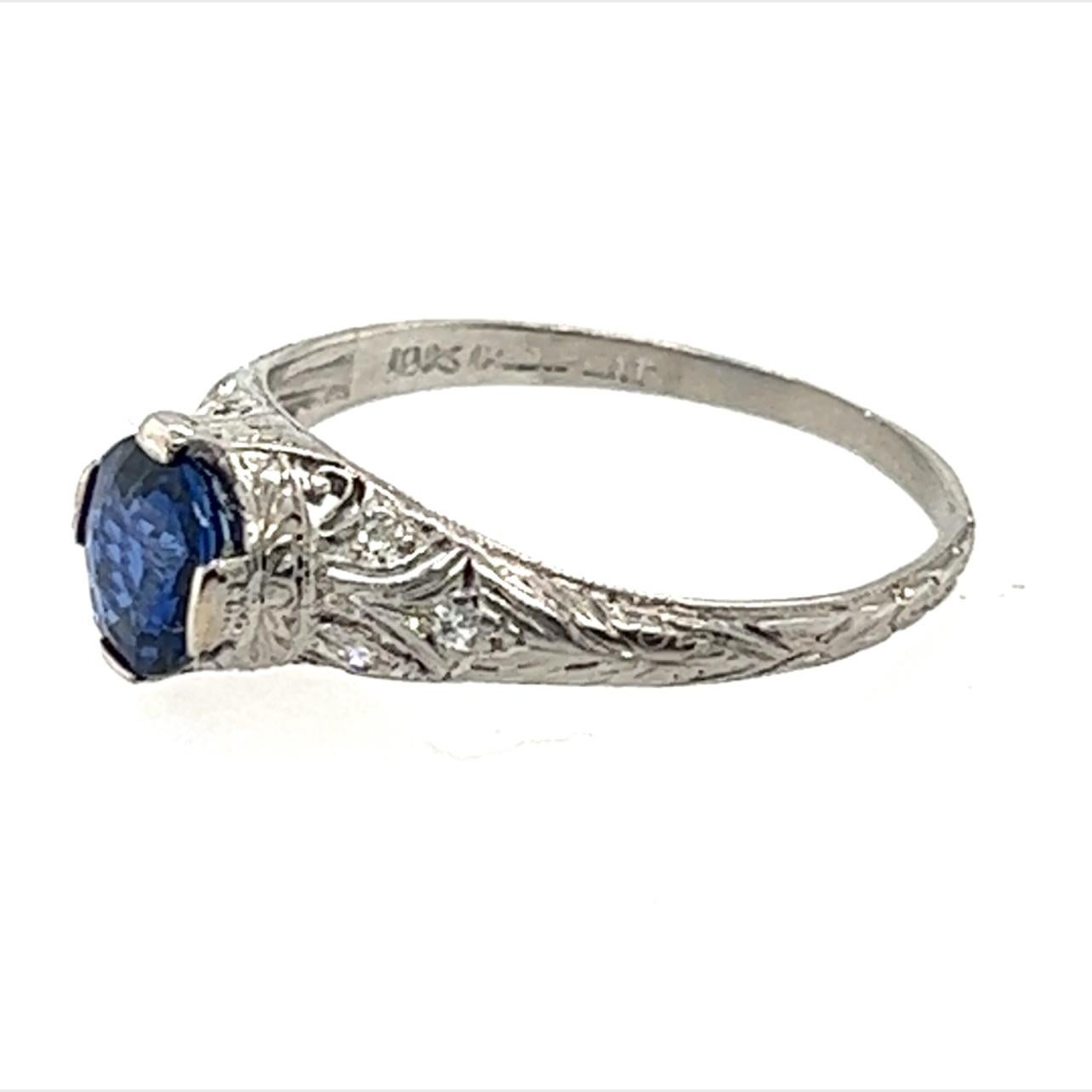 Victorian Sapphire Ring 1.11ct Single Cut Diamonds Original 1850's Antique Plat In Excellent Condition In Dearborn, MI