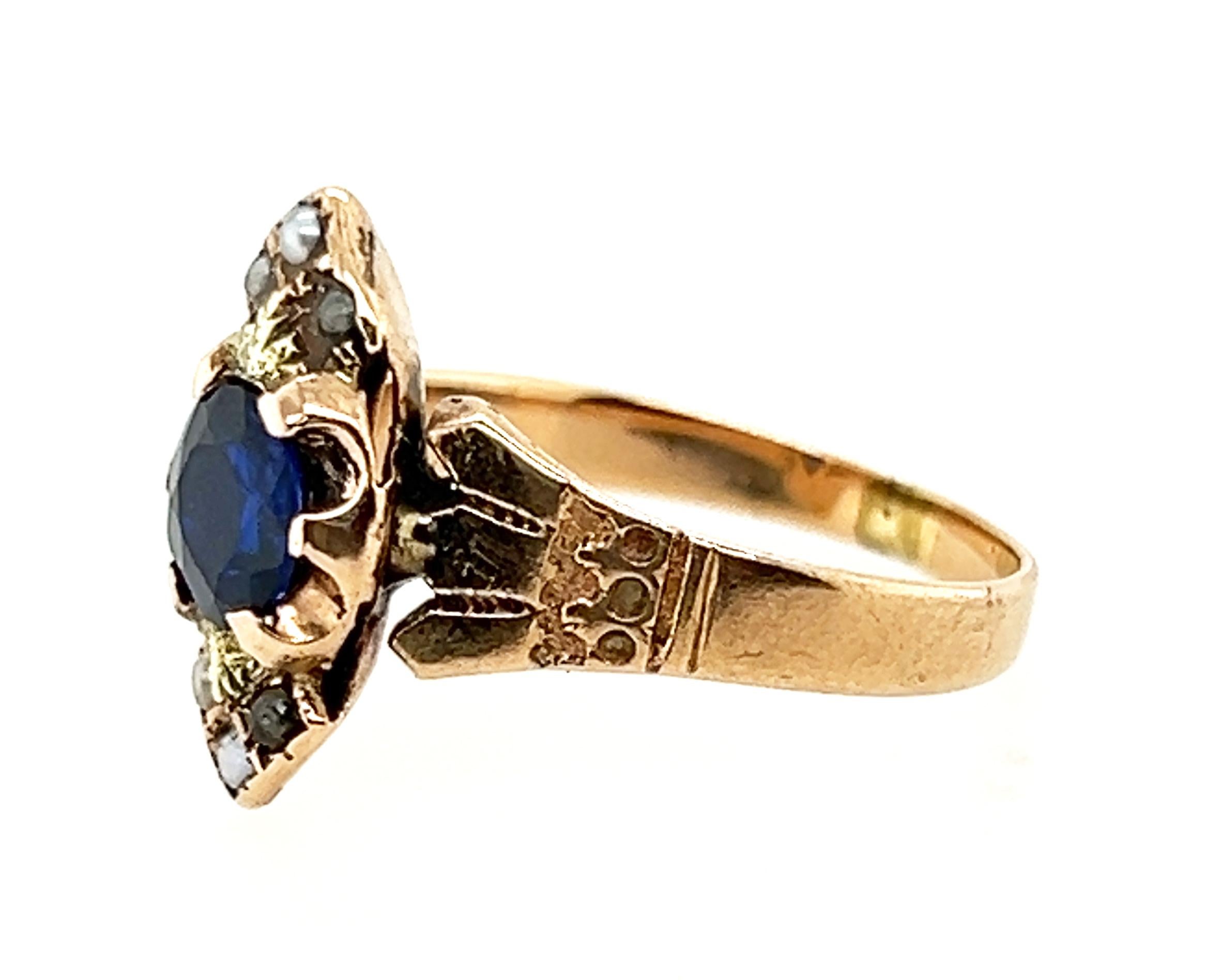 Round Cut Victorian Sapphire Ring .70ct Seed Pearls Original 1860's-1880's Antique 14K