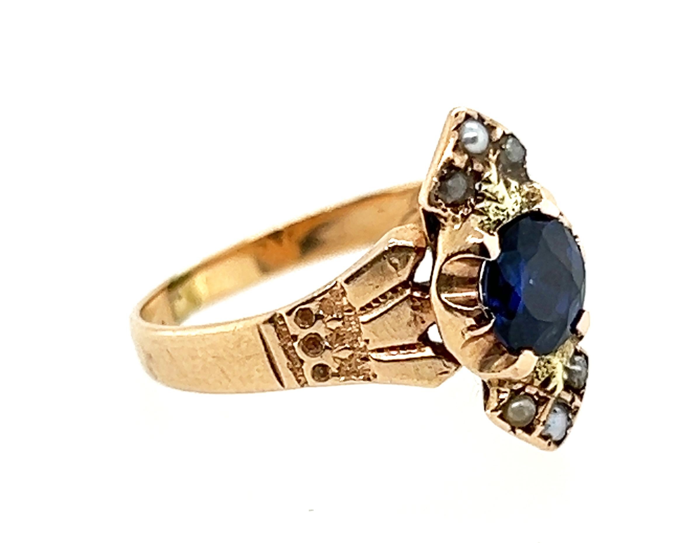 Victorian Sapphire Ring .70ct Seed Pearls Original 1860's-1880's Antique 14K In Good Condition In Dearborn, MI