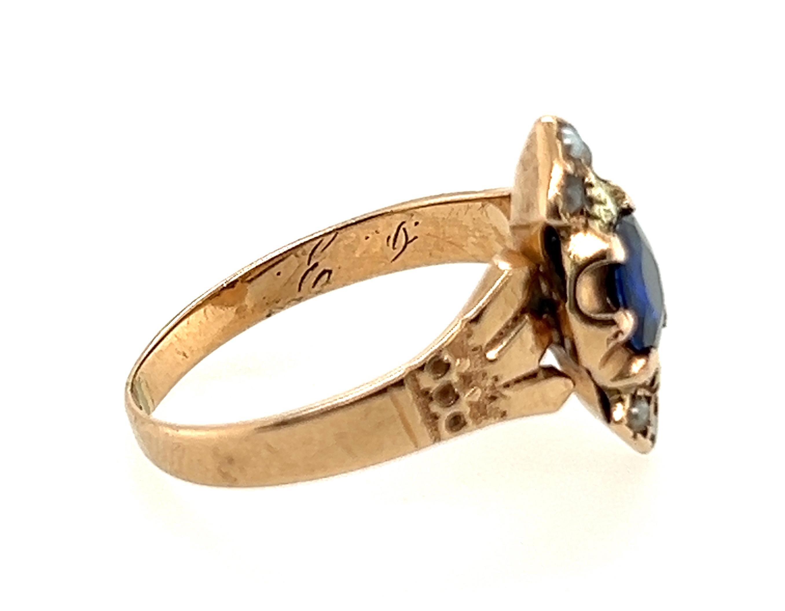 Women's Victorian Sapphire Ring .70ct Seed Pearls Original 1860's-1880's Antique 14K