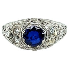 Victorian Sapphire Ring .92ct Old European Diamonds Original 1850's Antique Plat