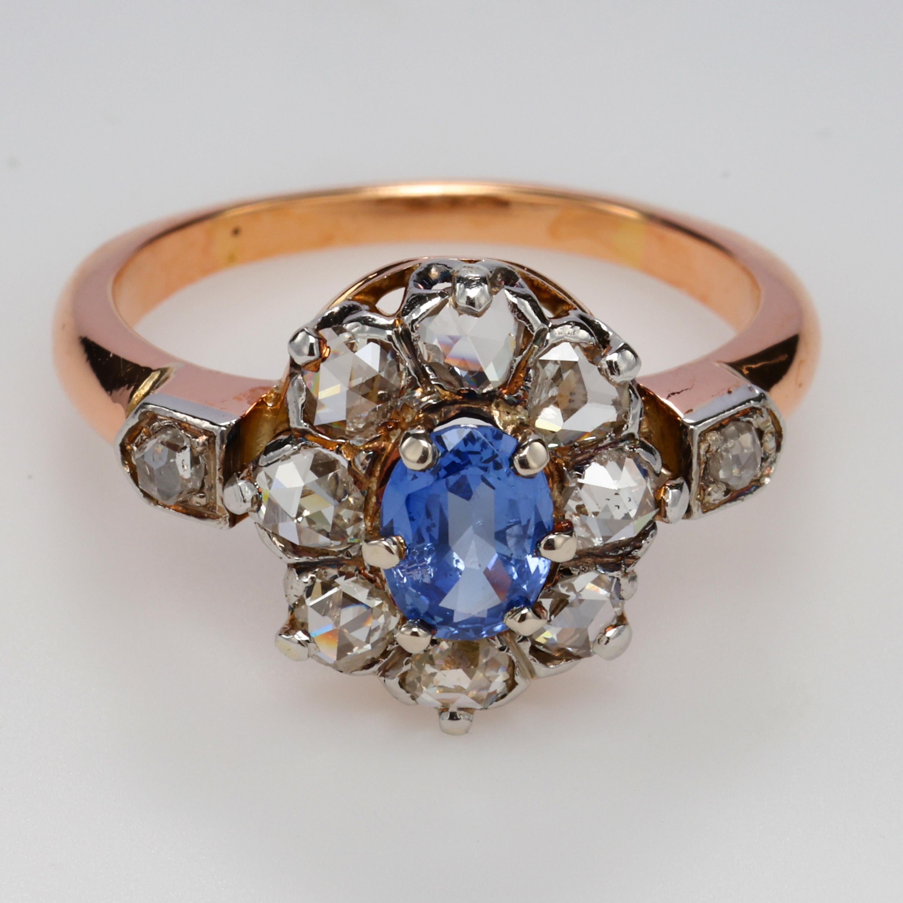 Rose Cut Victorian Sapphire & Rose-Cut Diamond Ring Certified No-Heat
