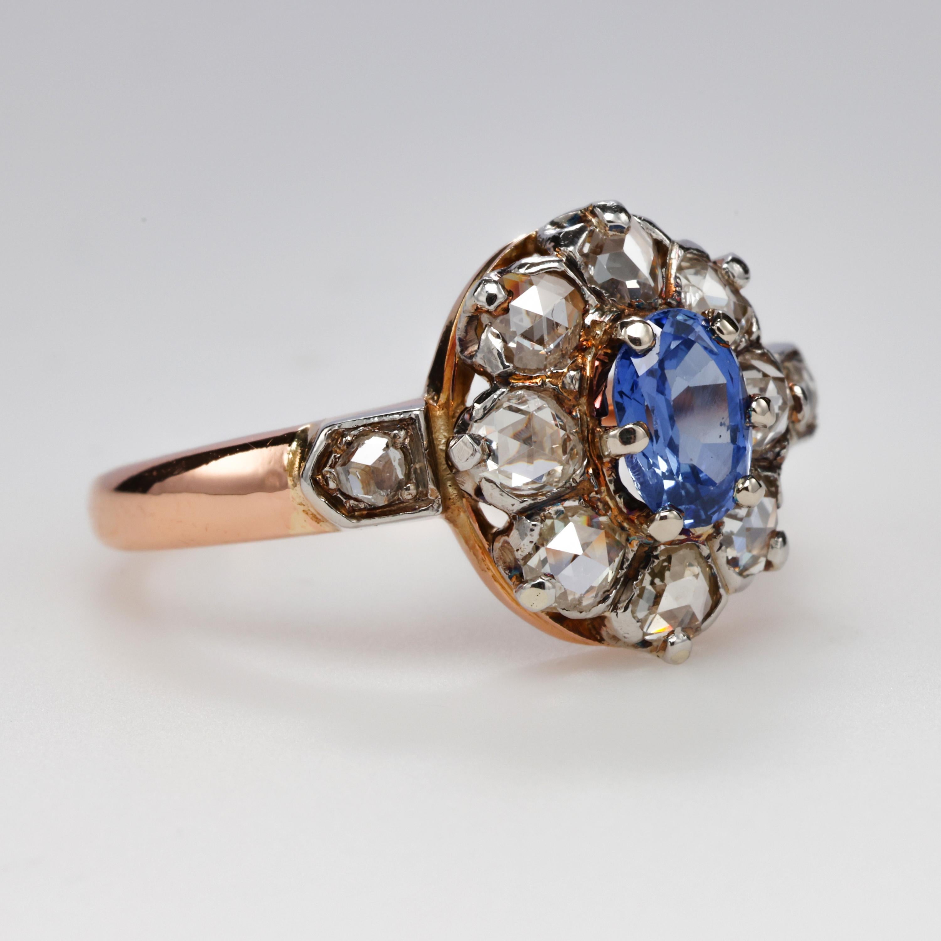 Victorian Sapphire & Rose-Cut Diamond Ring Certified No-Heat In Excellent Condition In Southbury, CT