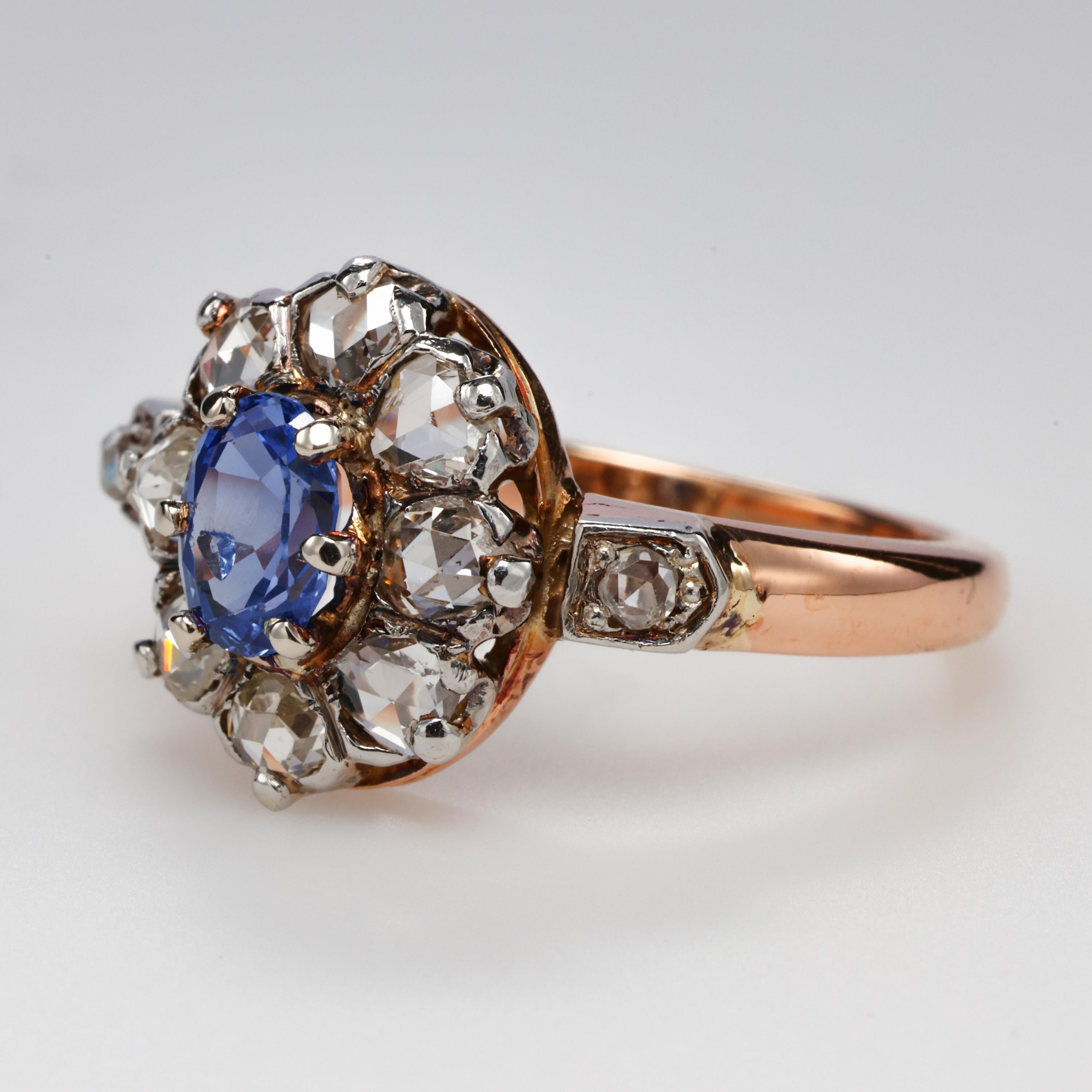 Women's or Men's Victorian Sapphire & Rose-Cut Diamond Ring Certified No-Heat