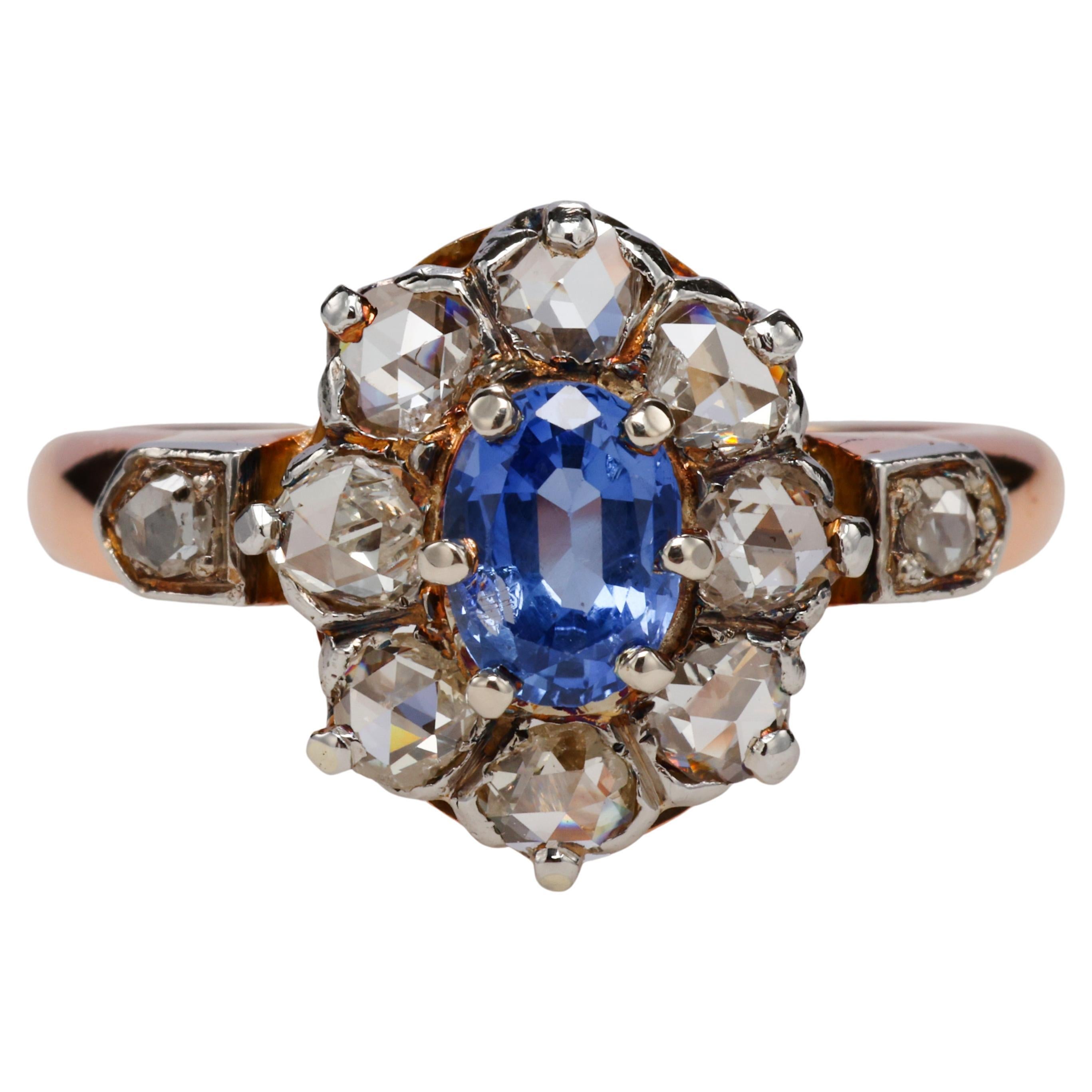 Victorian Sapphire & Rose-Cut Diamond Ring Certified No-Heat