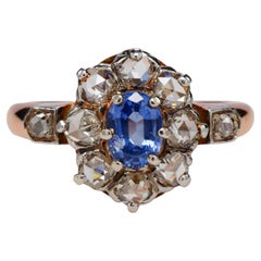 Victorian Sapphire & Rose-Cut Diamond Ring Certified No-Heat