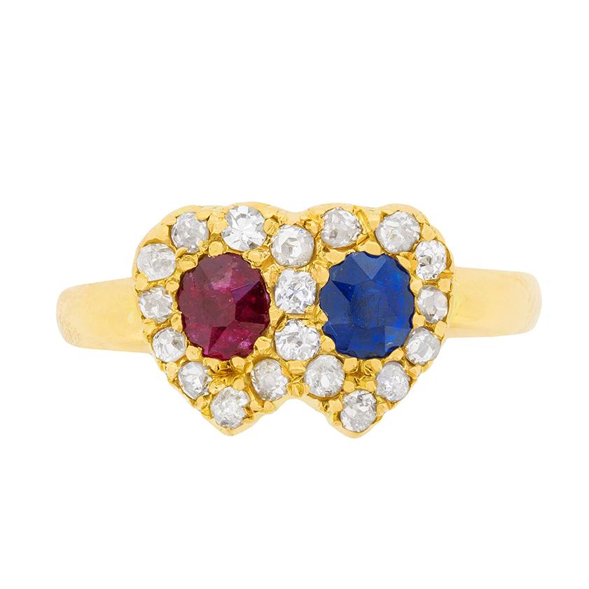 Victorian Sapphire, Ruby and Diamond Heart Cluster Ring, circa 1880s