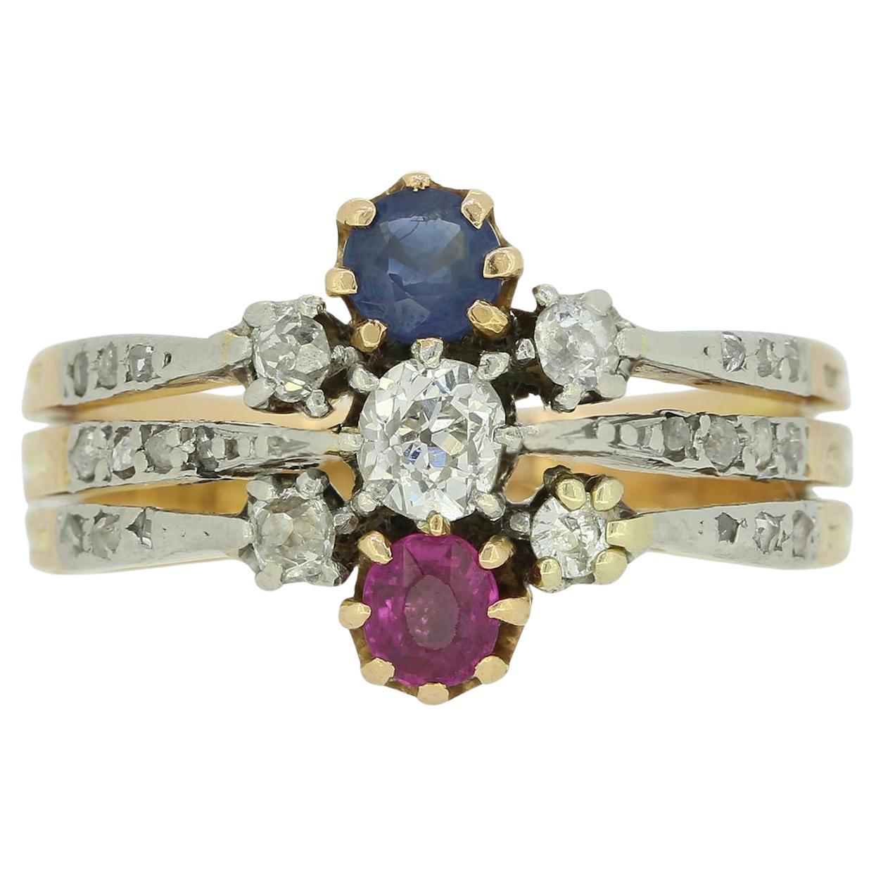 Viktorianischer Ring mit Saphir, Rubin und Diamant