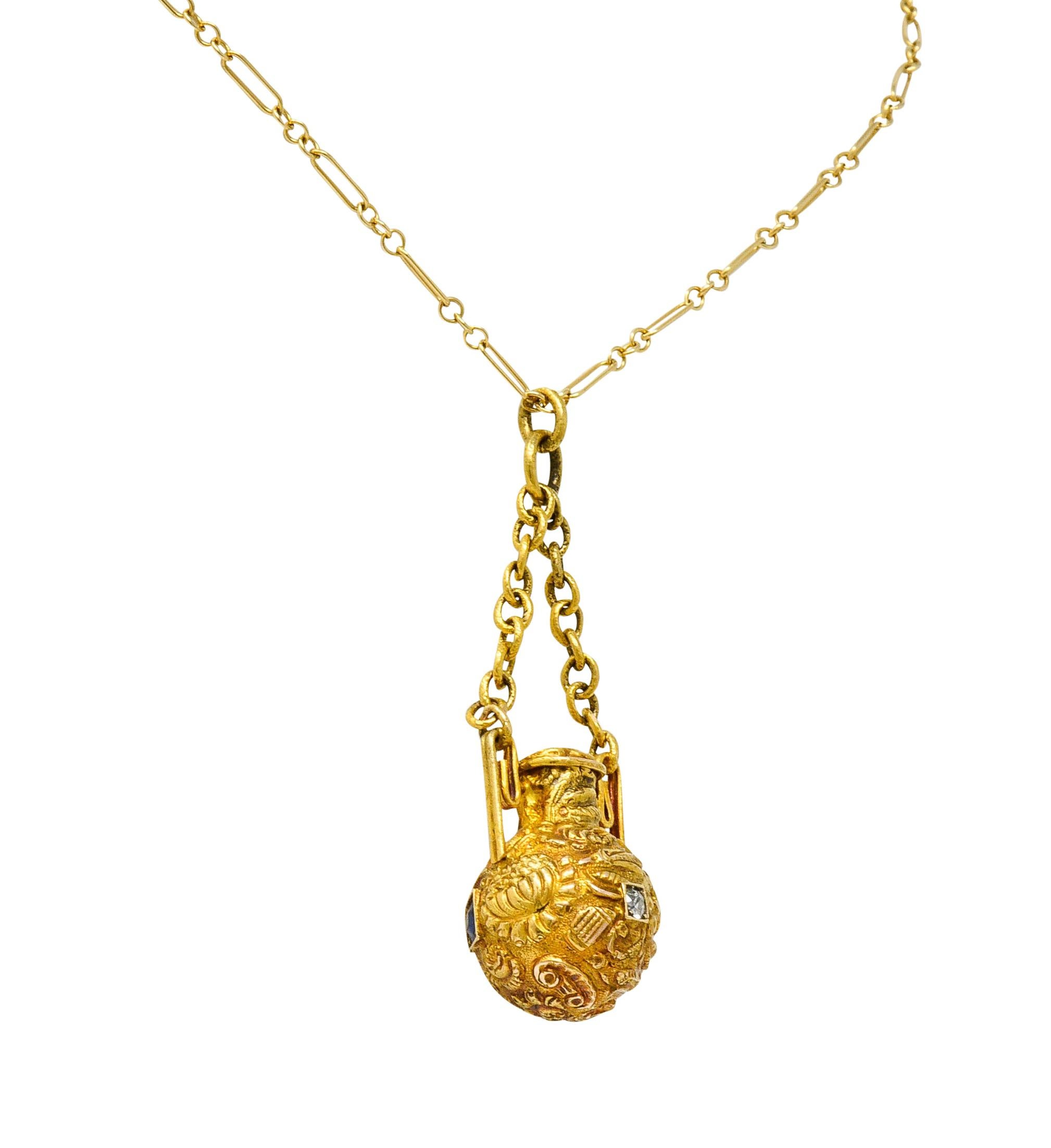 Victorian Sapphire Ruby Diamond 14 Karat Gold Amphora Vinaigrette Necklace 1