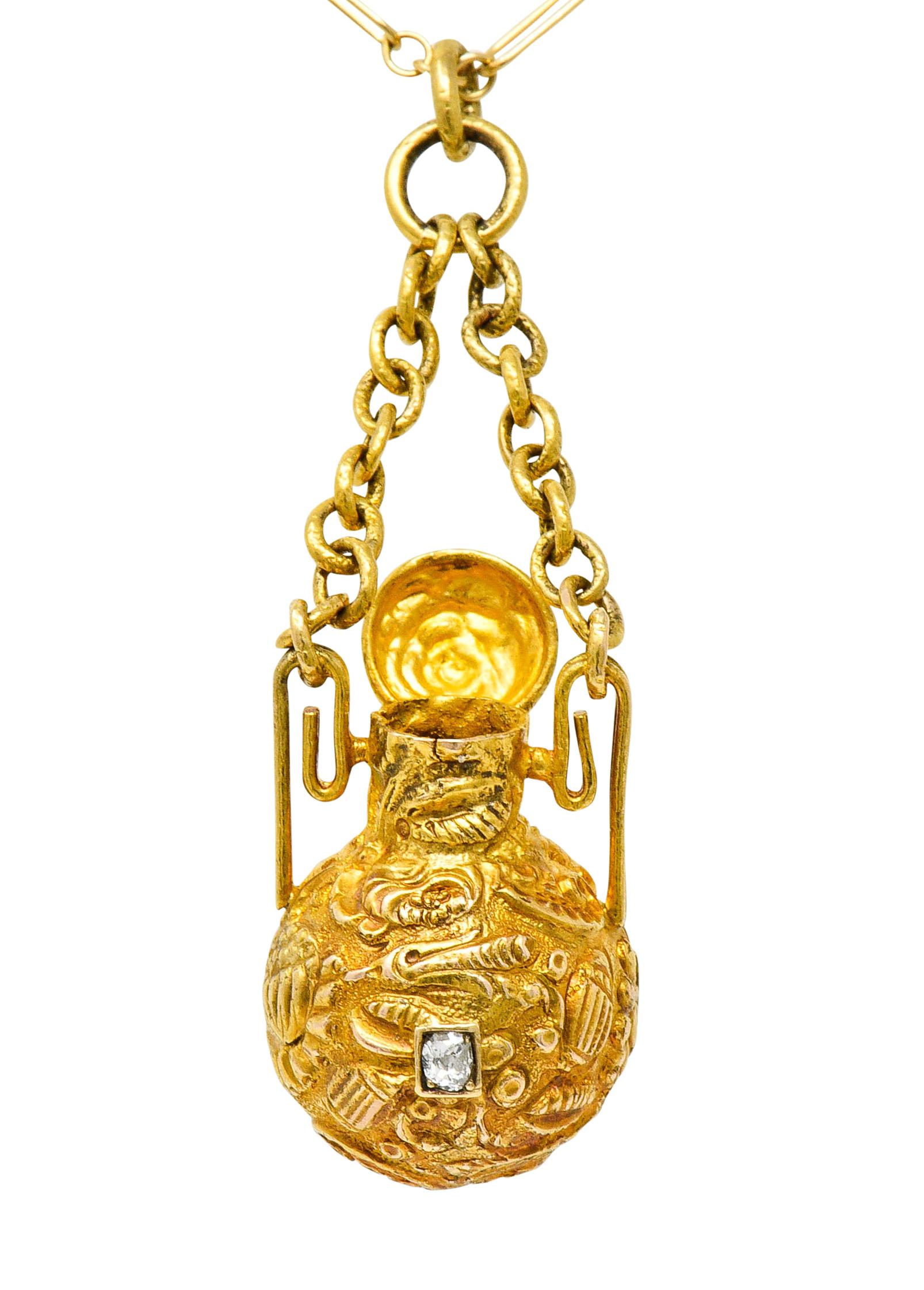 Victorian Sapphire Ruby Diamond 14 Karat Gold Amphora Vinaigrette Necklace In Excellent Condition In Philadelphia, PA