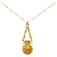 Antique Victorian Sapphire Ruby Diamond 14 Karat Gold Amphora Vinaigrette Necklace