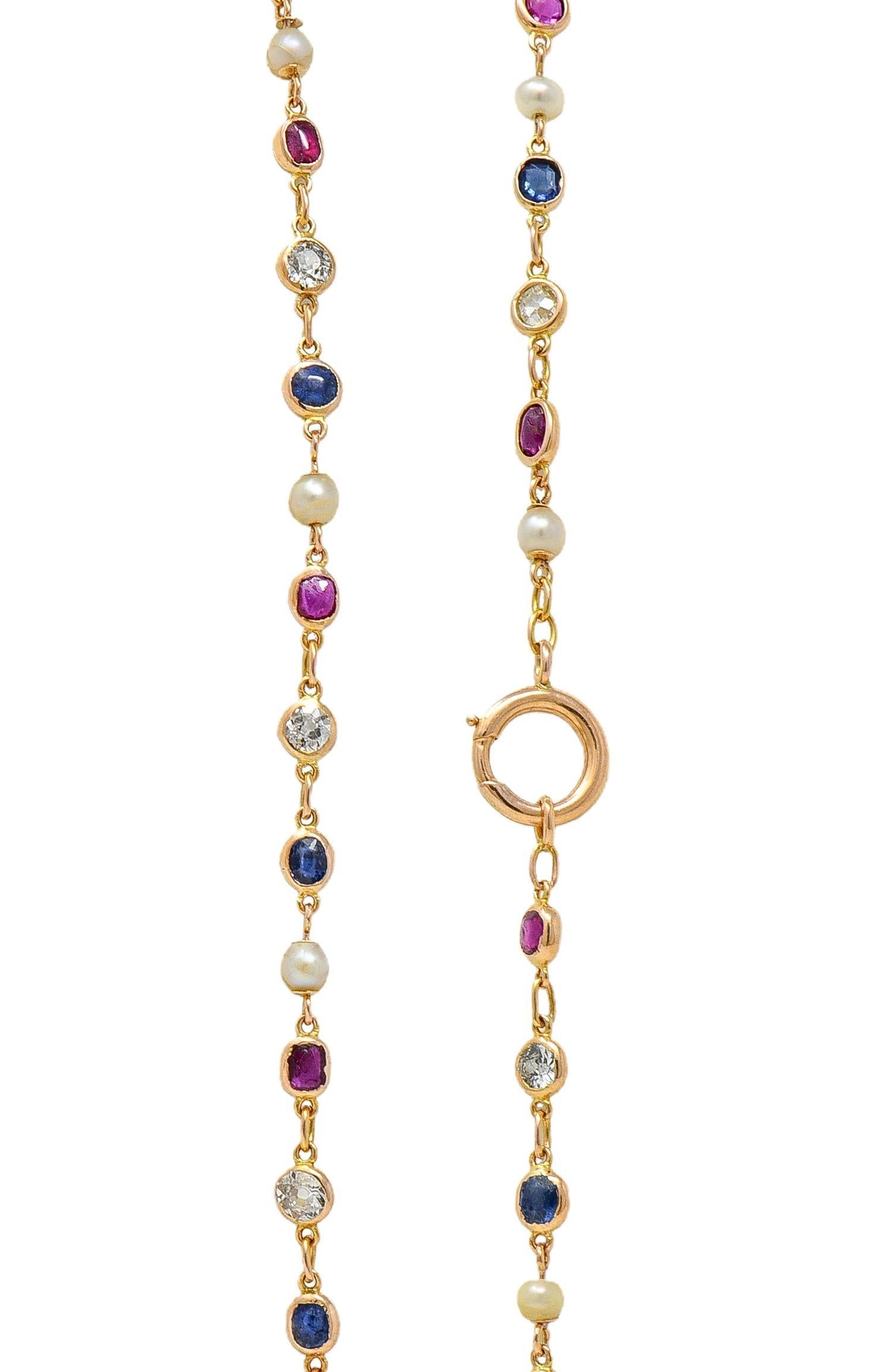 Collana vittoriana con zaffiro, rubino e diamante in oro giallo 18 carati A Link in vendita 1