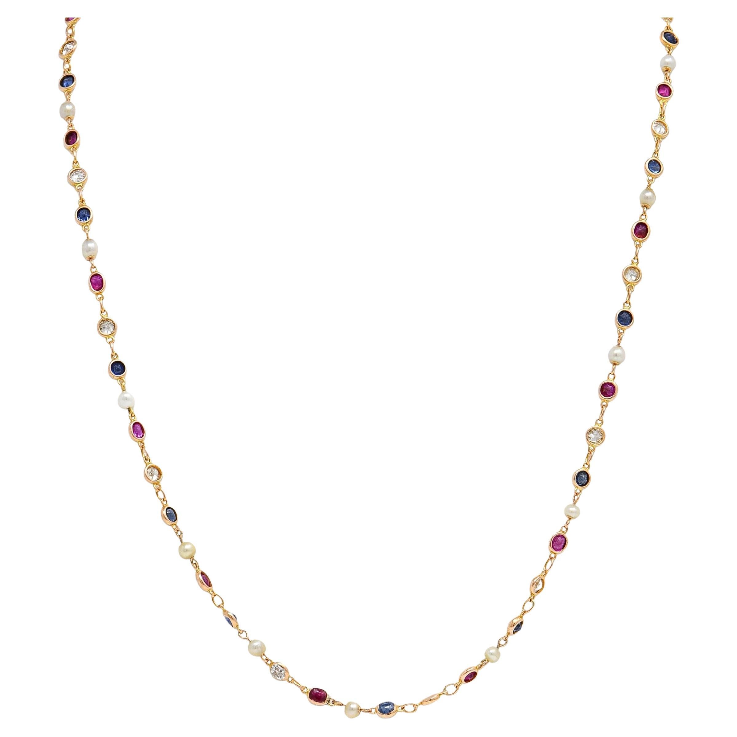 Collana vittoriana con zaffiro, rubino e diamante in oro giallo 18 carati A Link in vendita