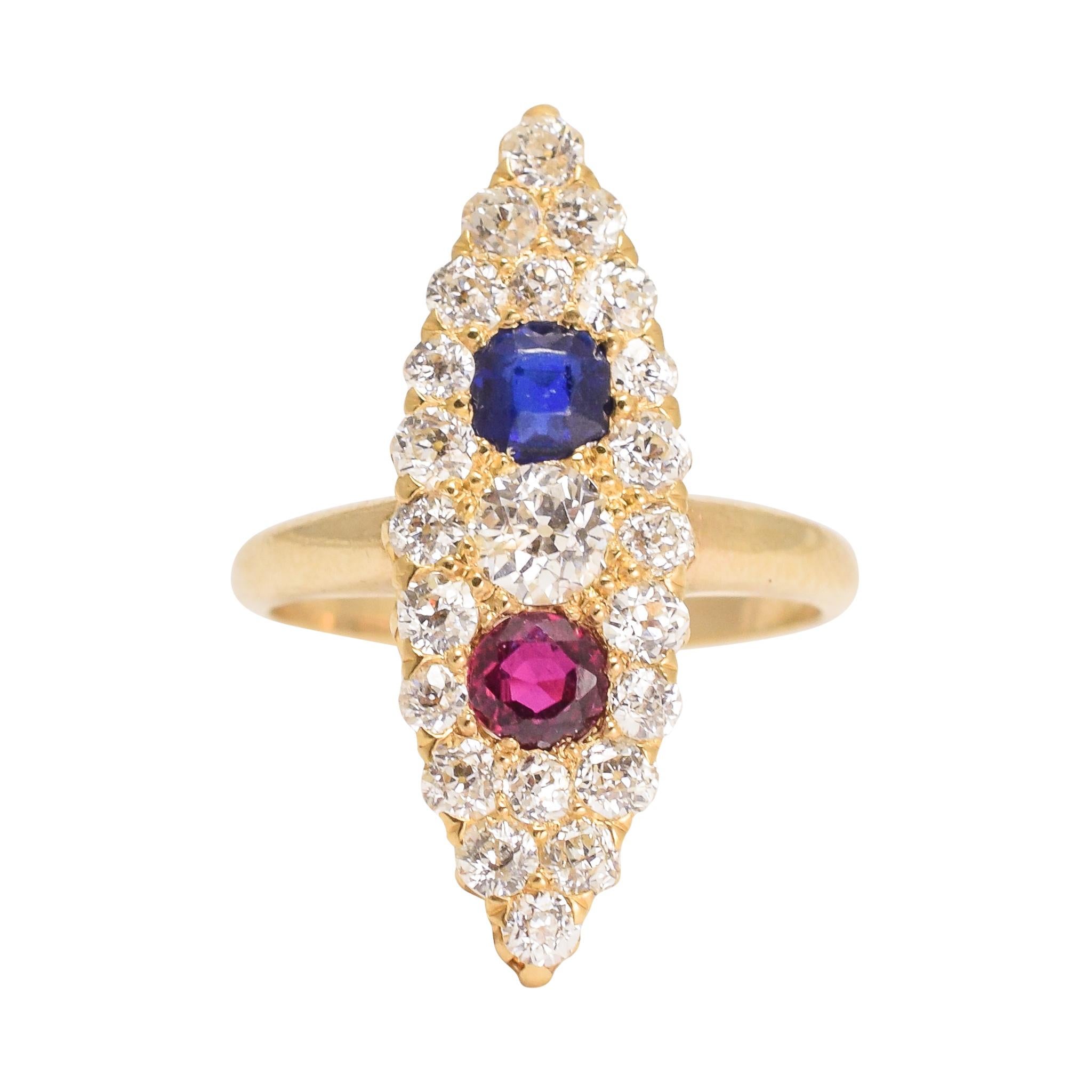 Victorian Sapphire Ruby Diamond "Tricolor" Marquise Cluster Ring
