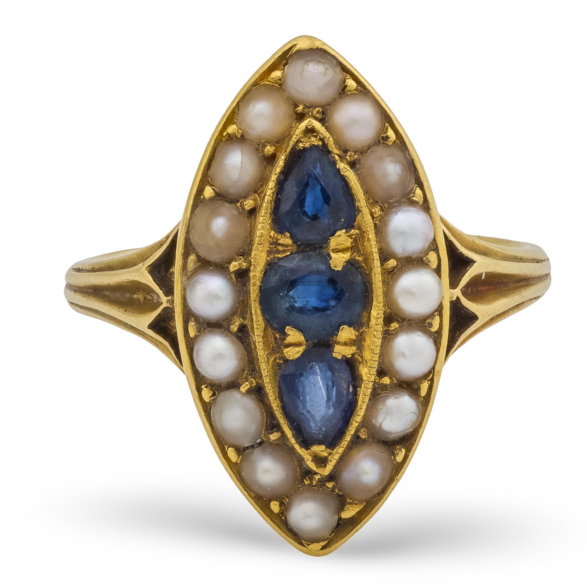 Oval Cut Victorian sapphire seed pearl 18k yellow gold navette ring For Sale