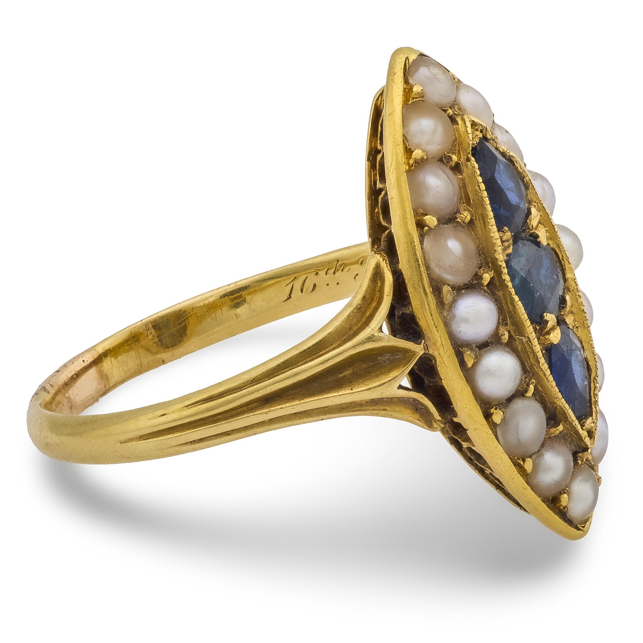 Women's Victorian sapphire seed pearl 18k yellow gold navette ring For Sale