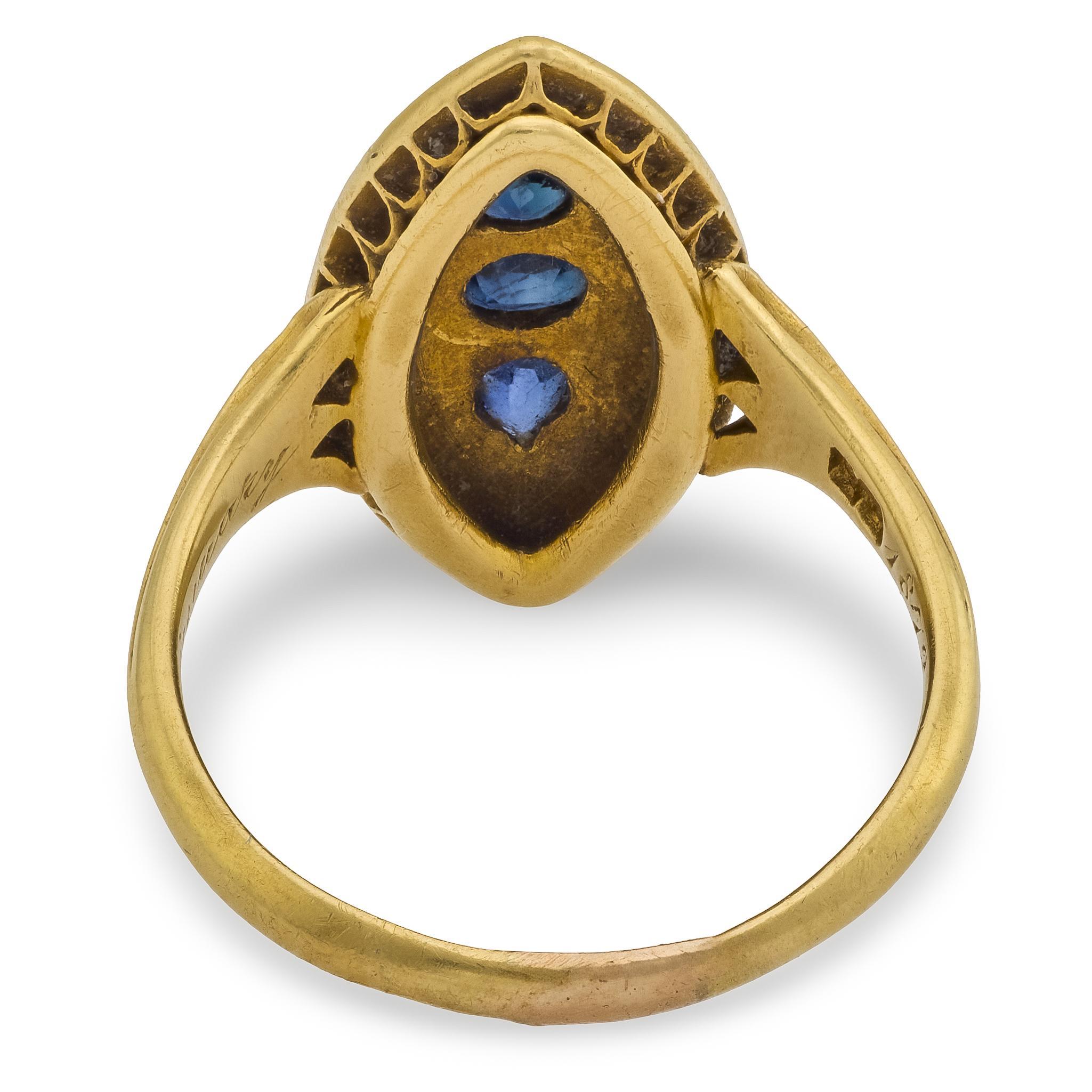 Victorian sapphire seed pearl 18k yellow gold navette ring For Sale 2